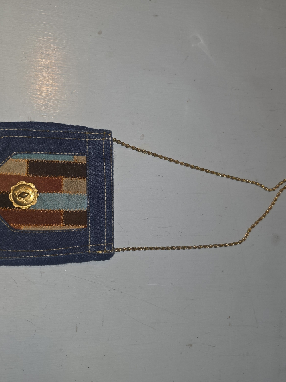 Denim Crossbody Bag with Multicolor Patch Accent